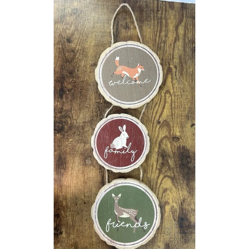 Rustic Woodland Welcome Family Friends Hanging Wood Sign Deer Fox Bunny Decor